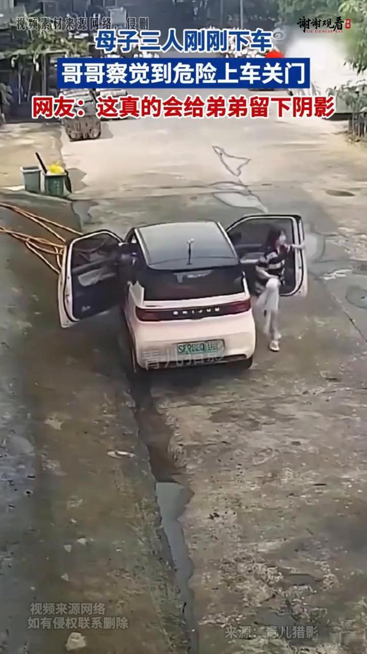 母子三人刚刚下车，哥哥察觉到危险上车关门。网友：这真的会给弟弟留下阴影。
来源：