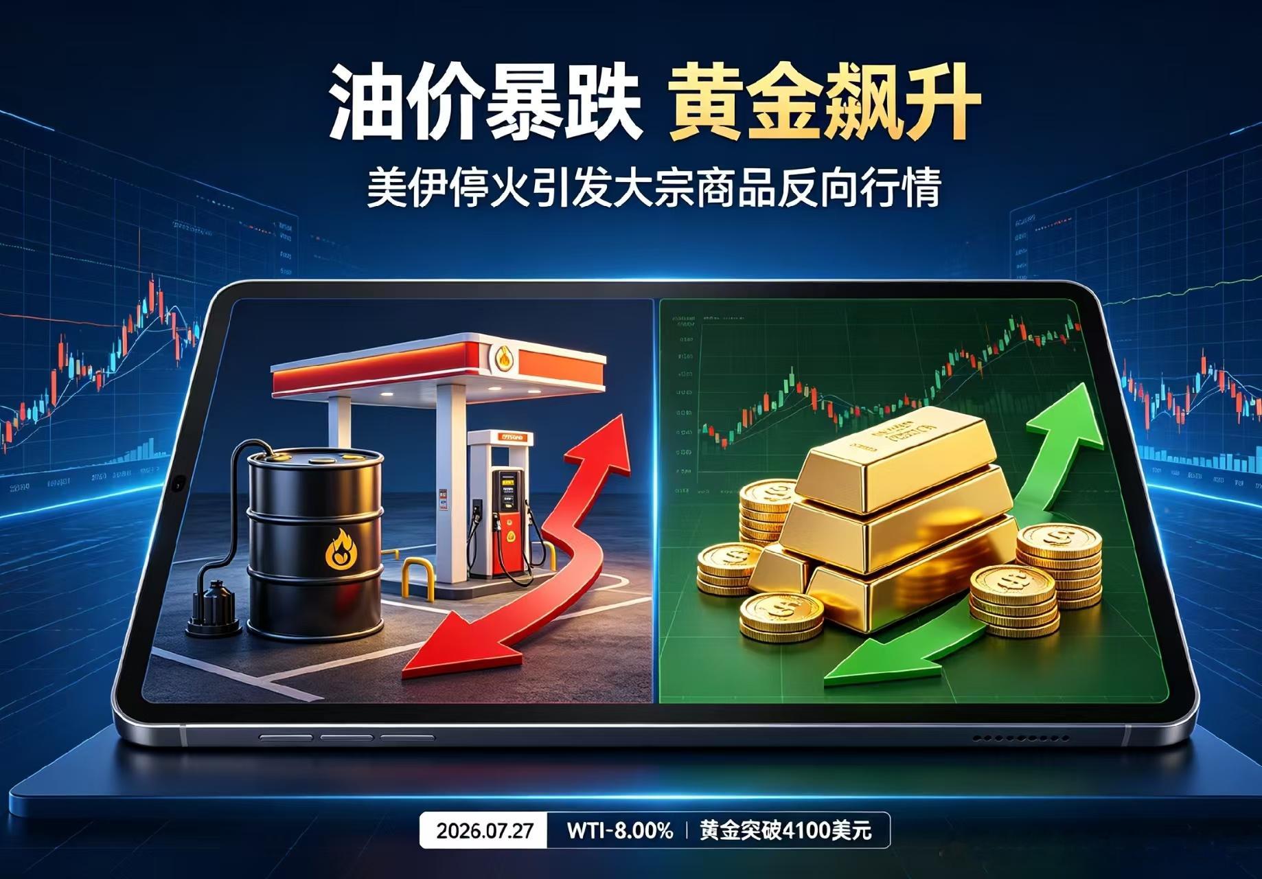 油价暴跌 金价飙升 美伊临时停火，原油暴跌超8%，地缘溢价尽数褪去。市场思路切换