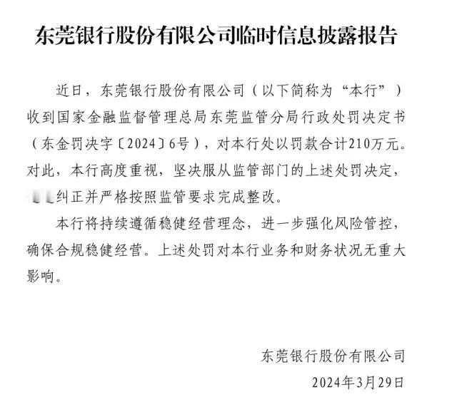 东莞银行被罚了210万元！处罚原因：股东股权管理严重违反审慎经营规则；贷款业务严