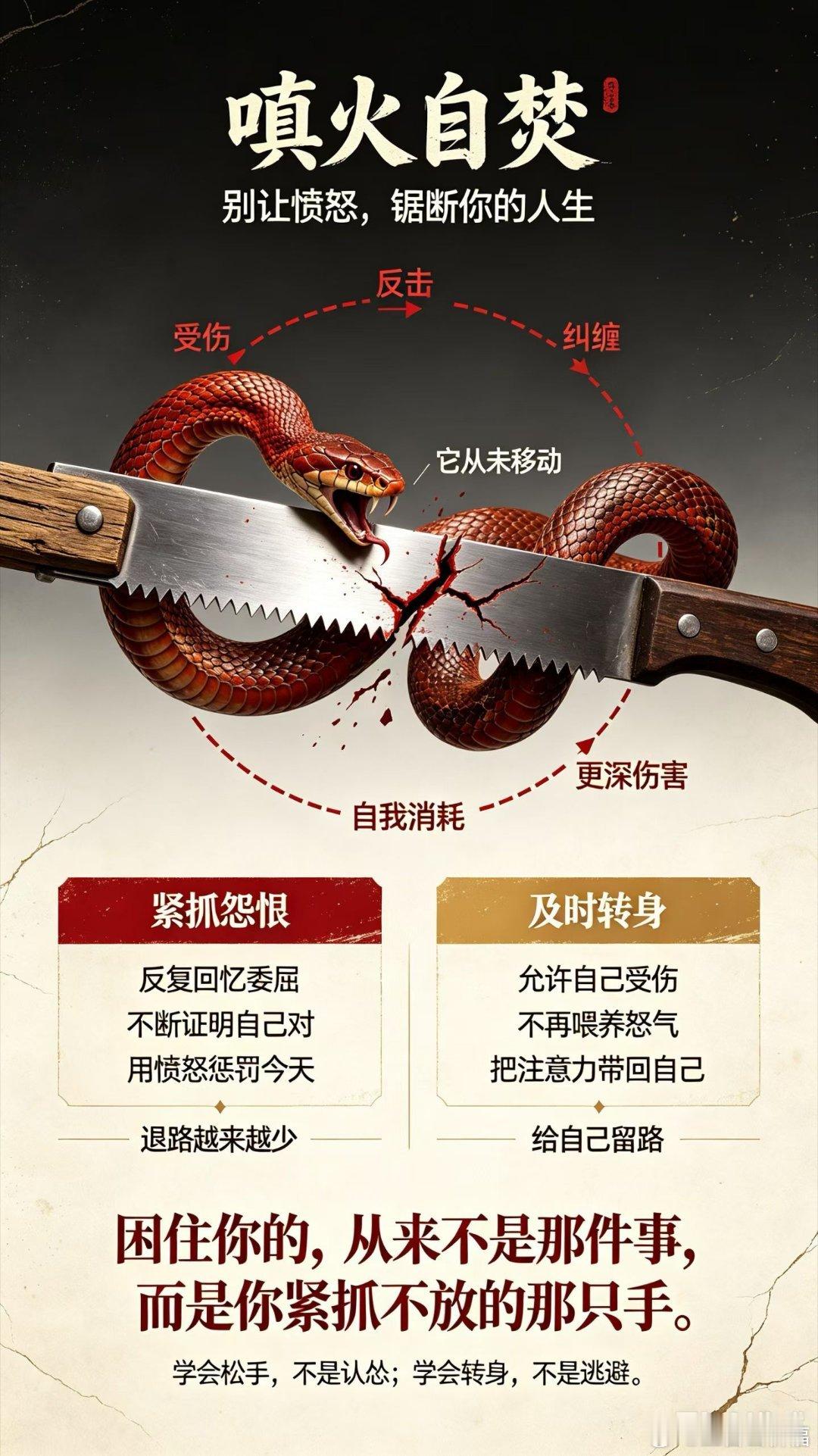 “嗔火自焚”，别让愤怒毁了你。———乔一法师。一条蛇在爬行时不小心被地上的锯子划