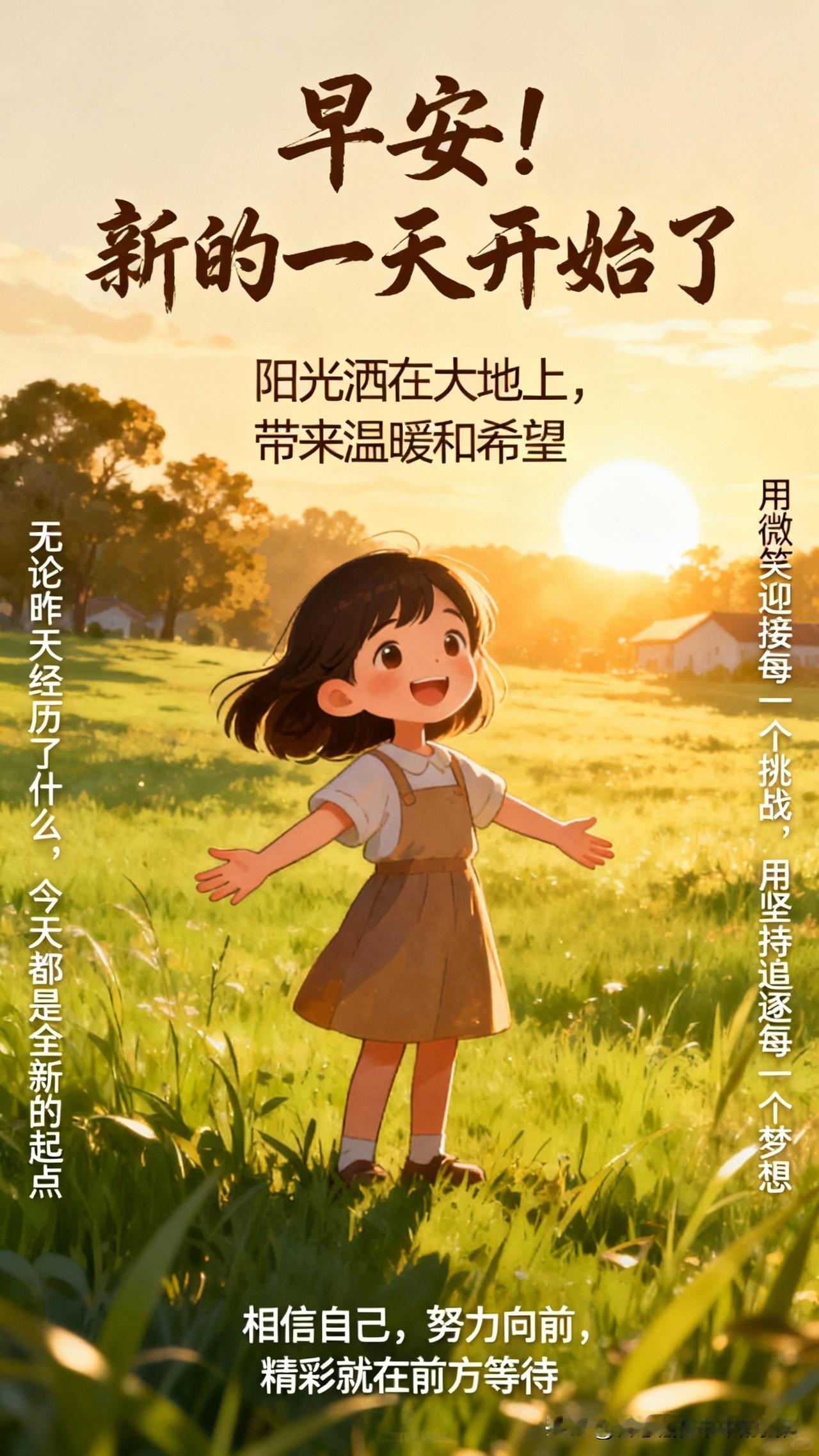 早安！新的一天开始了，阳光洒在大地上，带来温暖和希望。无论昨天经历了什么，今天都