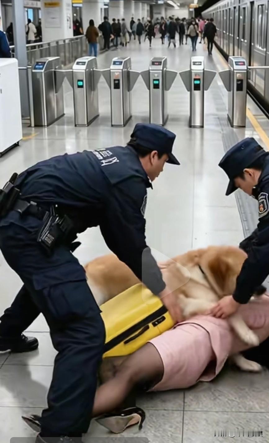 护卫犬察觉到女子拉着的包包里有危险品，立刻扑向女子，抱走了包箱。两名保安赶来解围