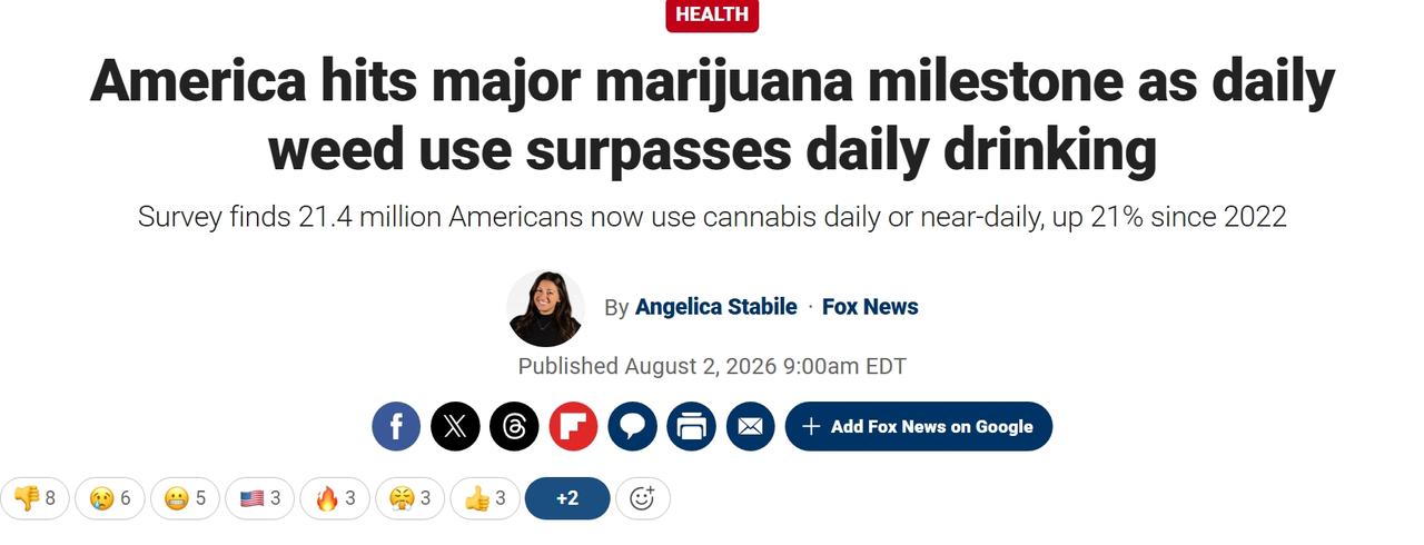美国里程碑：吸食大麻人数超过吸烟与喝酒人数
来自美国物质滥用与心理健康服务管理局