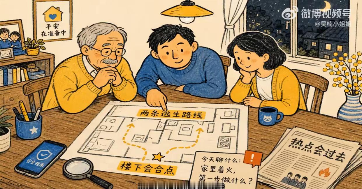 家里着火，
最致命的不是火而是烟，
先去摸门把手如果是热的就不要去开了，
这个时
