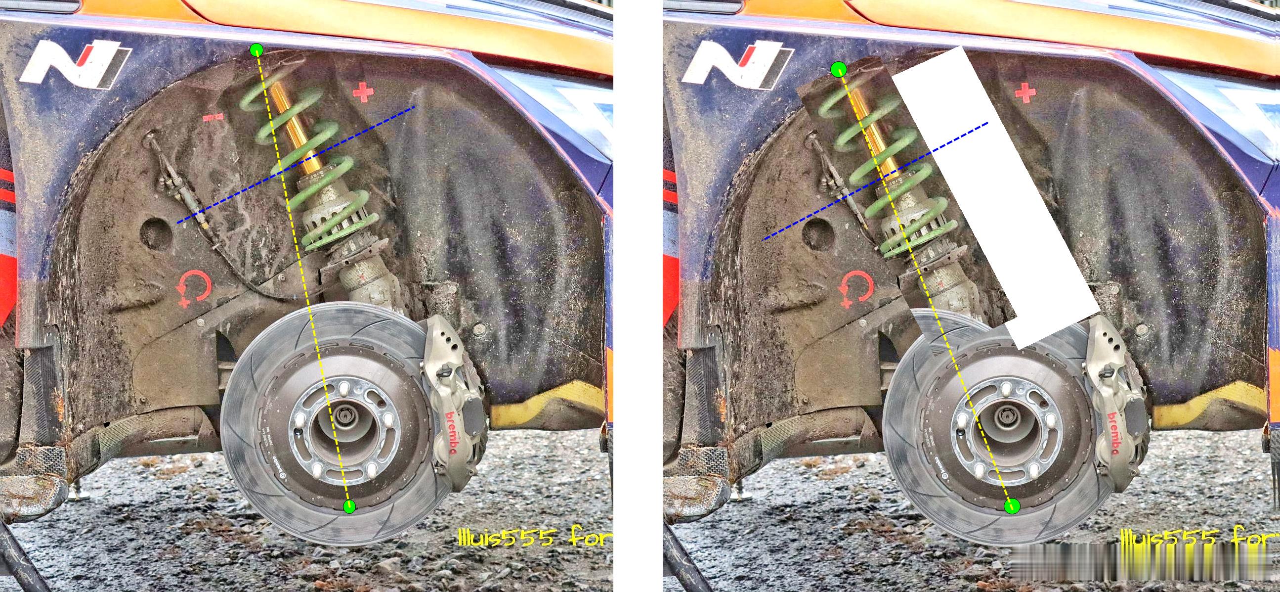 拉力赛车前麦弗逊避振通常不指向轮轴心，什么原因我不明白。但是如果有这么个任务：让