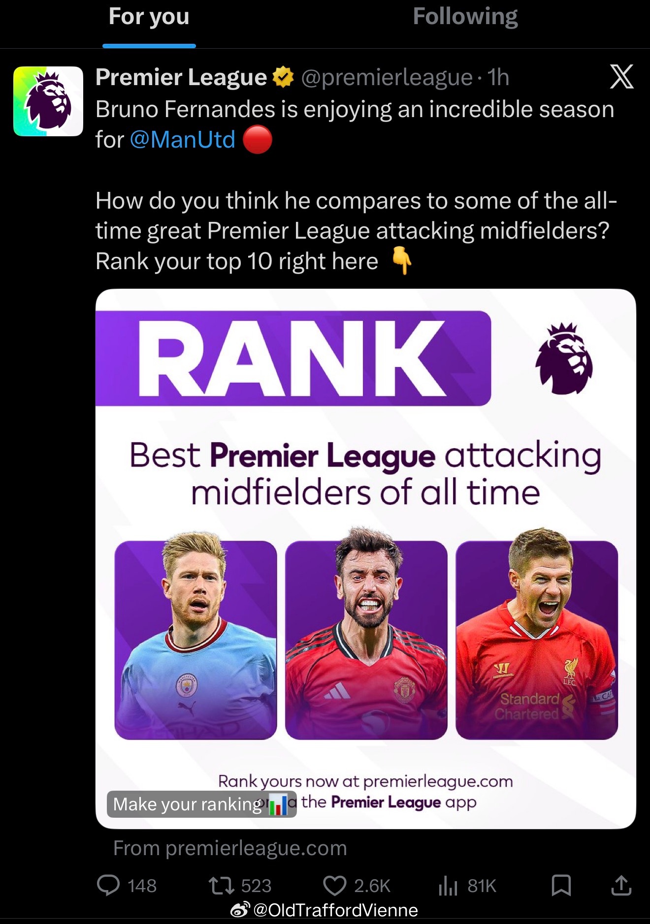 没吧？英超官推：英超历史最佳攻击型中场德布劳内 费尔南德斯 把脚滑的先踢走推特崩