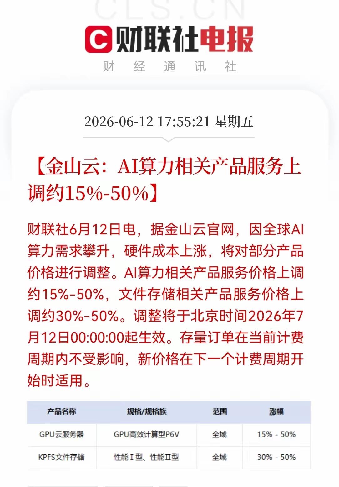 利好AI算力，根据金山云，AI算力的相关产品服务将上调约15%到50%，那么AI