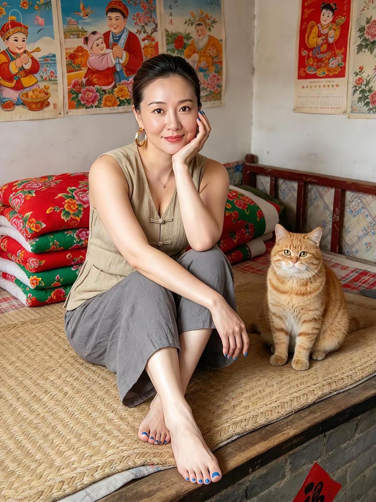 坦然坐火炕，
手托香腮望，
猫咪伴身旁，
幸福写脸上。