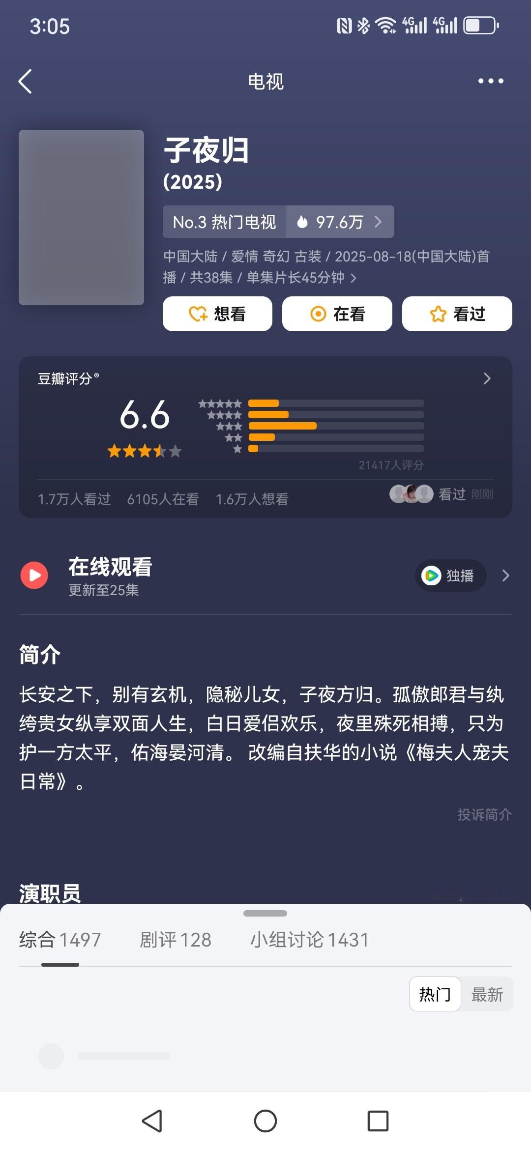 子夜归豆瓣开分6.6，感觉受到许凯事件影响蛮大的。 ​​​
