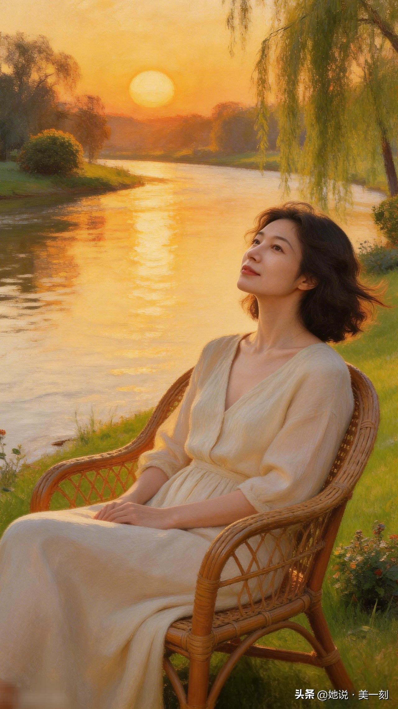 夕阳下的静谧时光，坐在湖边的她，享受着片刻的宁静与美好。优雅自信穿搭分享