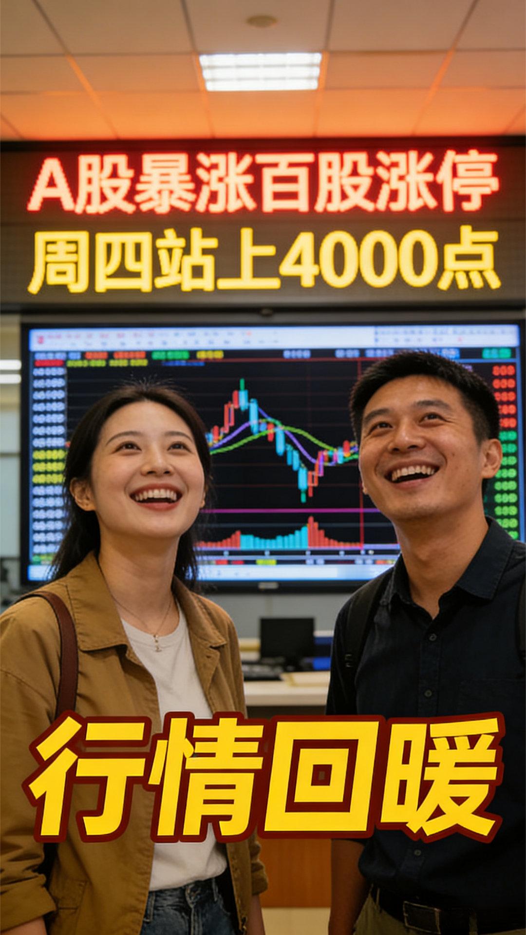 周三，A股暴涨百股涨停，普涨，赚钱效应高，周四站上4000点，行情回暖！ 