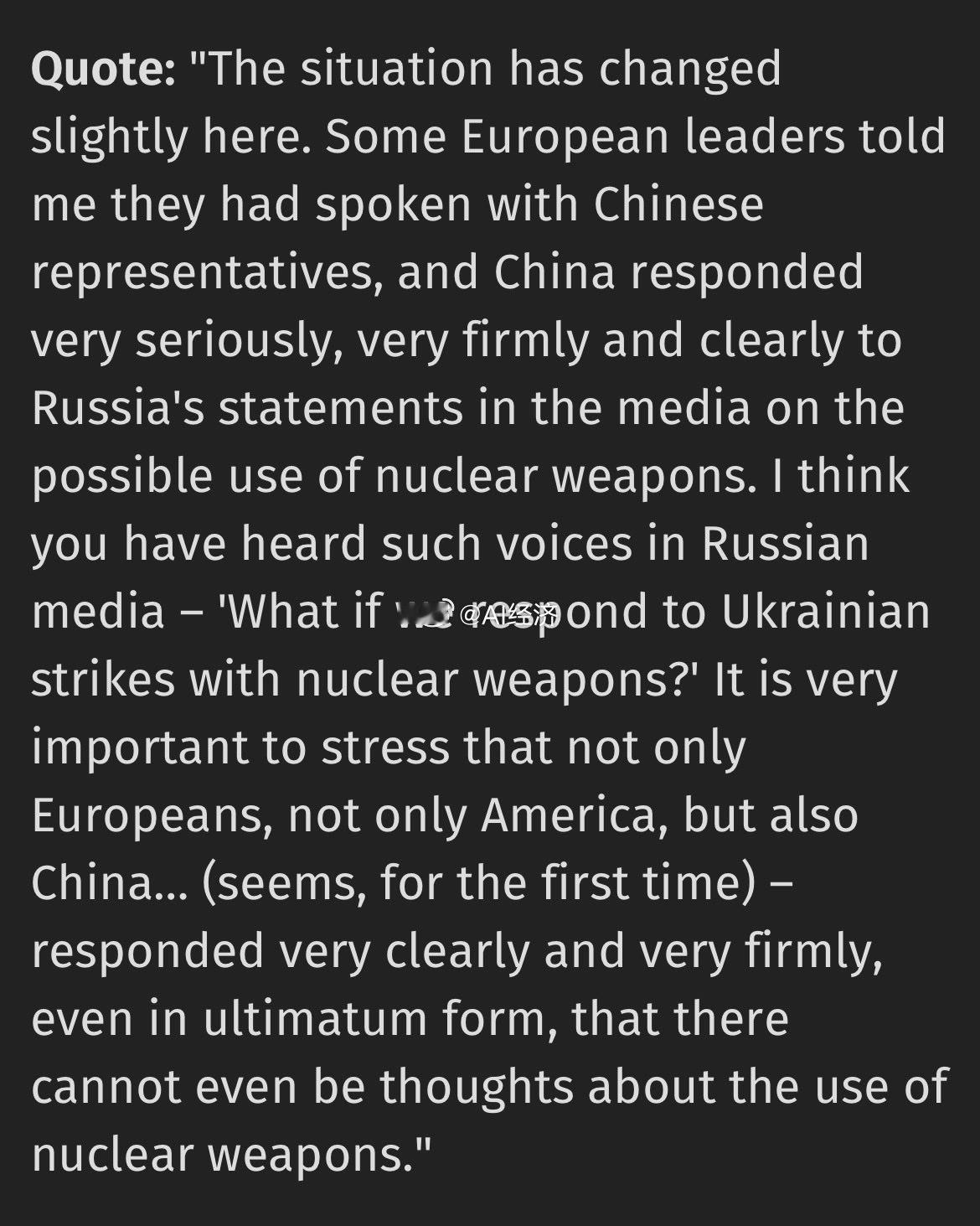 泽连斯基：中国转达不允许俄罗斯使用核武器    中国对俄罗斯在媒体上关于可能使用