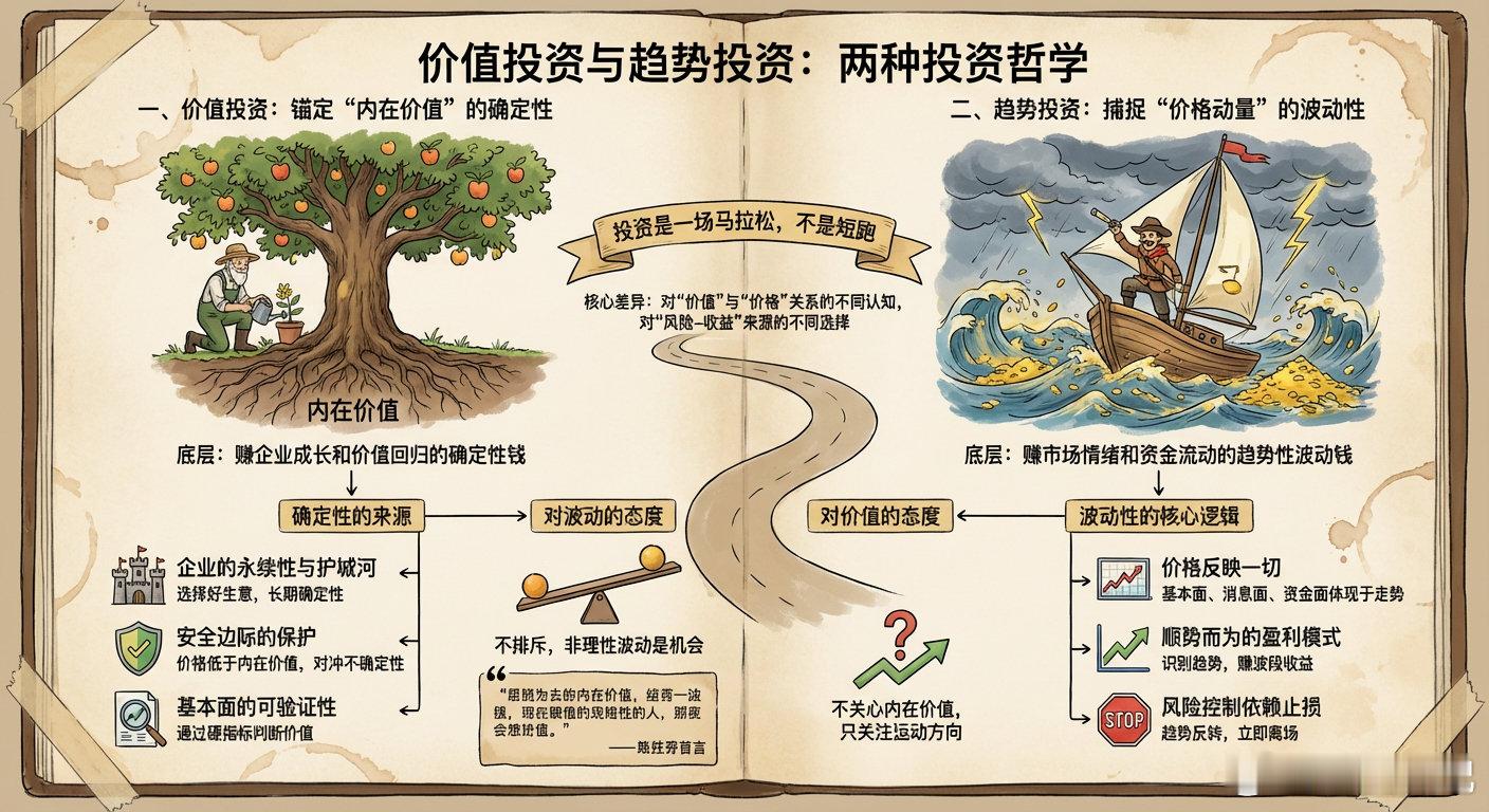 价值投资追求确定性，趋势投资追求波动性。你说习惯了追波逐浪的人，怎么可能踏踏实实