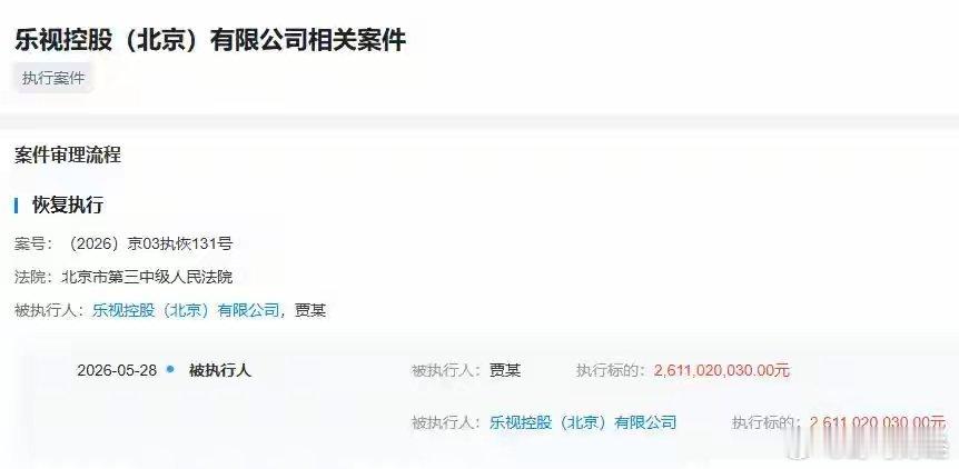 贾跃亭及乐视控股被恢复执行26亿 6月2日消息 据天眼查，贾跃亭及乐视控股（北京