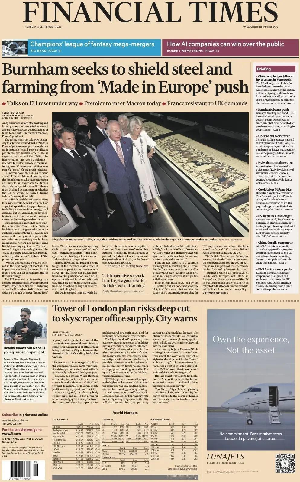 据《金融时报》报道，钢铁制造和农业是英国首相安迪·伯纳姆希望在英欧新协议中保护的