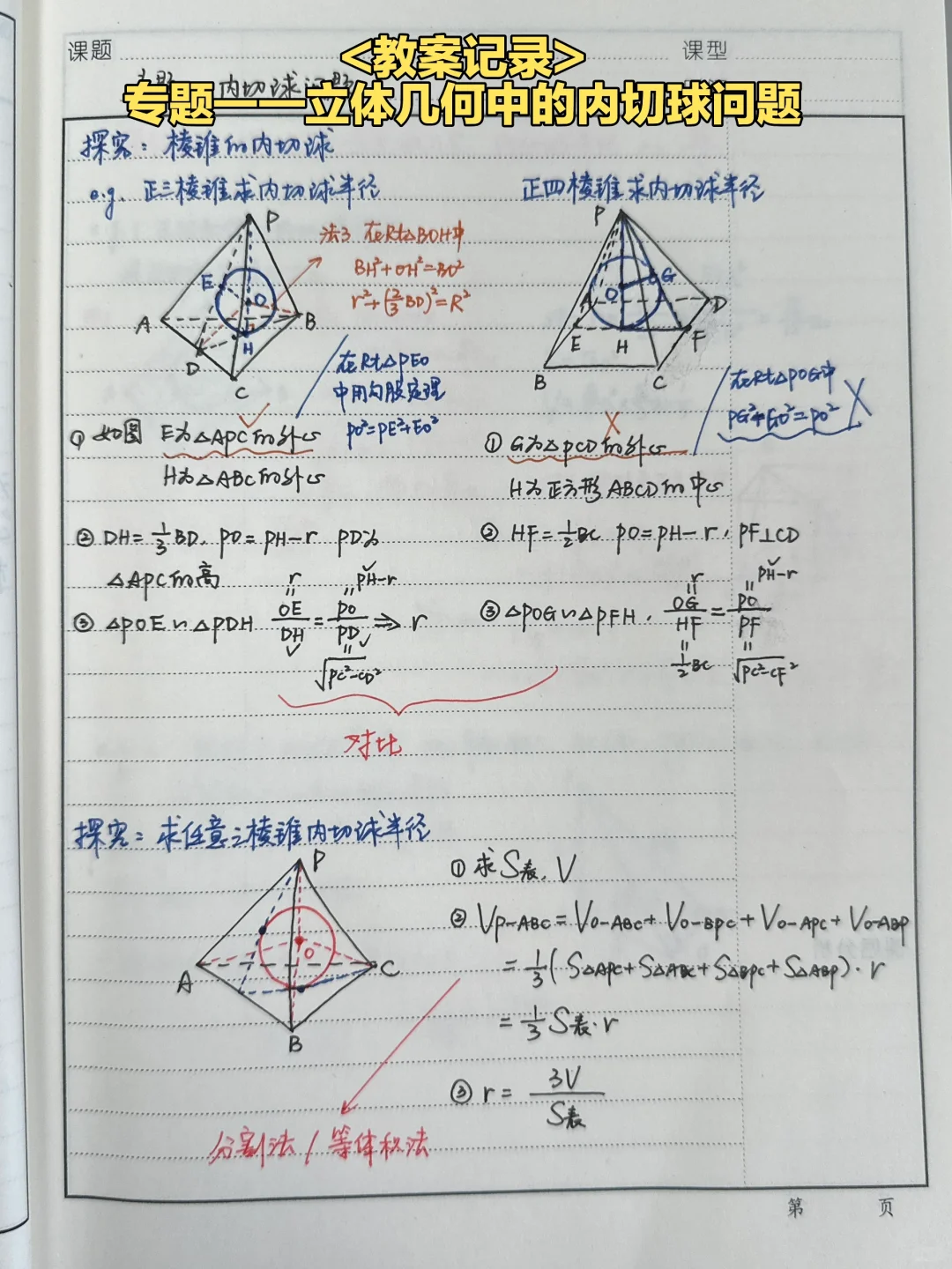 专题——立体几何中的内切球问题（拓展课）