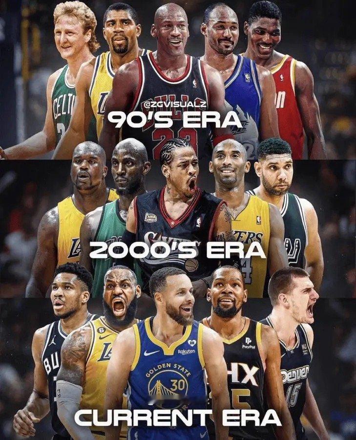 90年代、00年代和现役，你选哪一队？90年代阵容为：乔丹、魔术师、伯德、马龙和