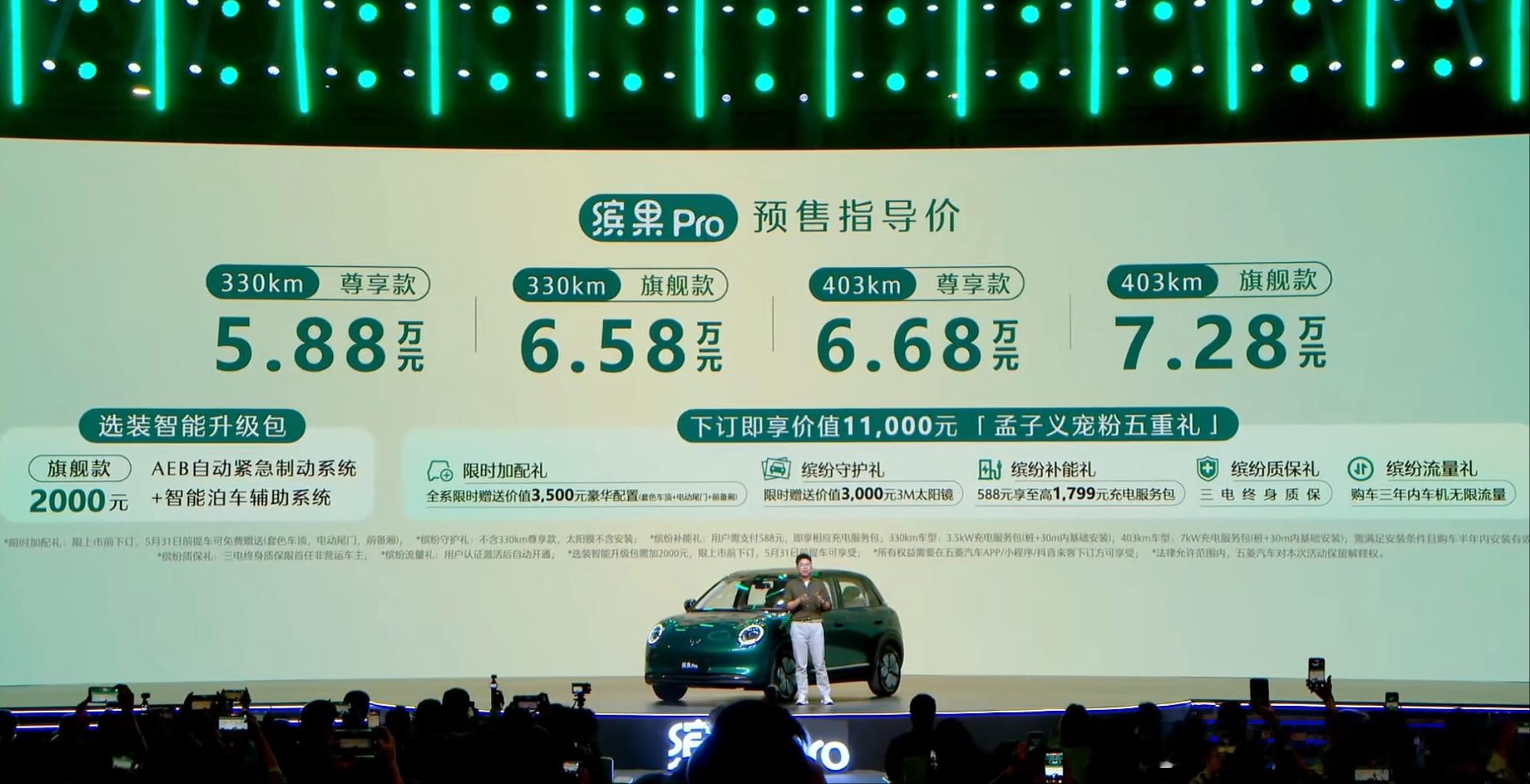 五菱缤果 Pro 预售5.88-.28万元。续航版本:330/403km。3C 