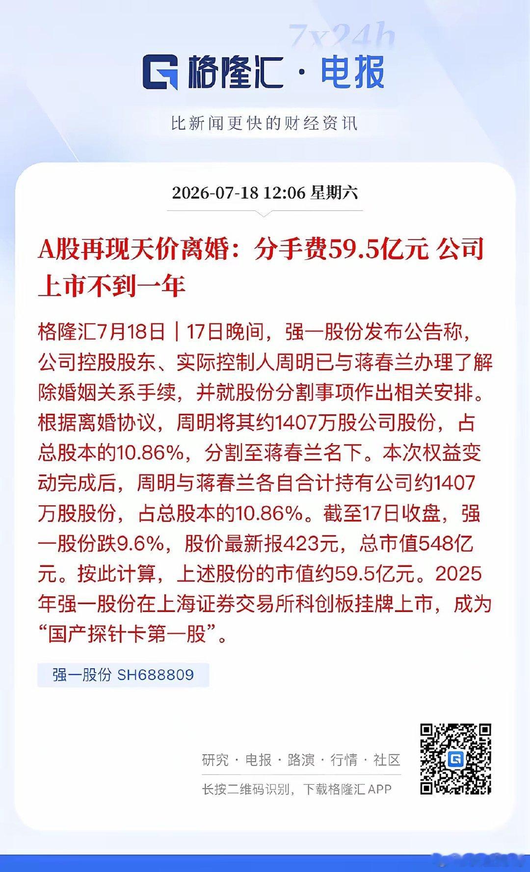 A股又见天价离婚！国产探针卡第一股强一股份59.5亿元分手费！这是离婚式减持被叫