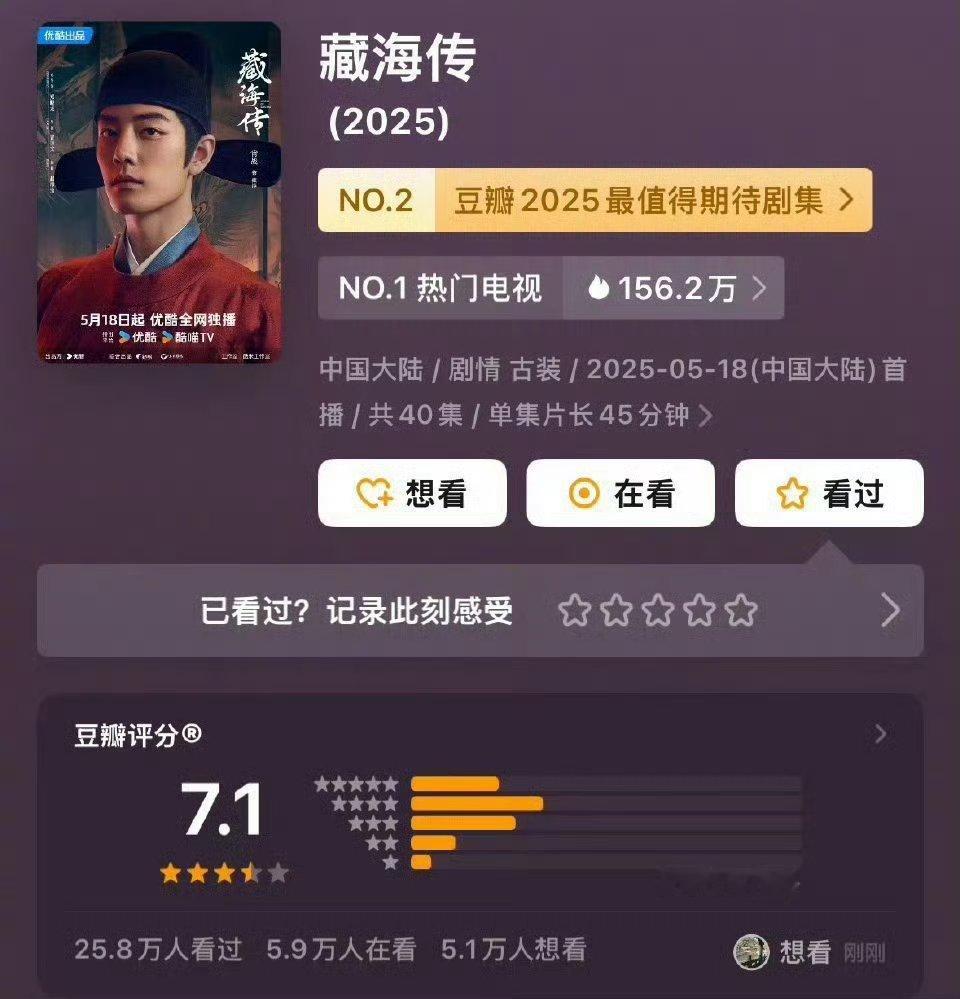 肖战藏海传开分 7.1 25.8 万人看过！！！ ​​​