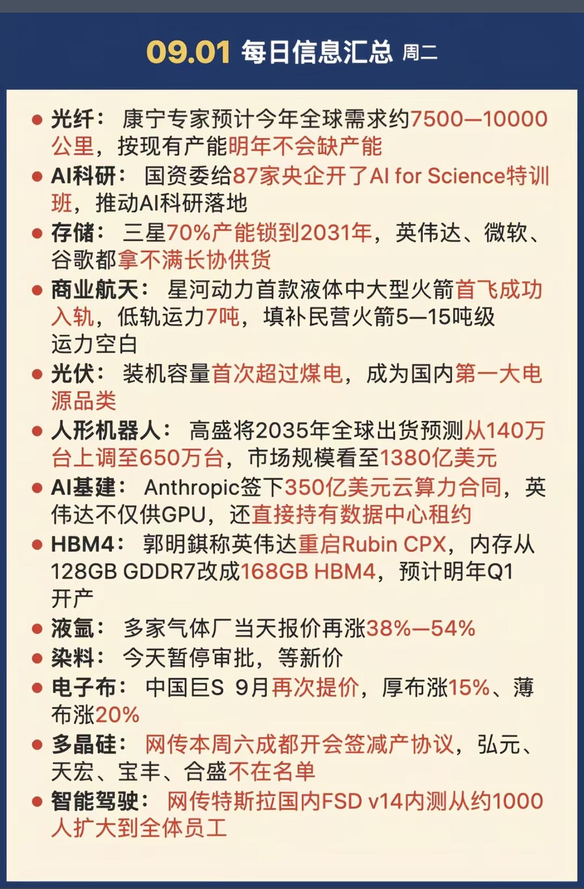 9.01周二  晚间：财经资讯+市场信息！

1.光纤光缆
2.存储芯片，三星