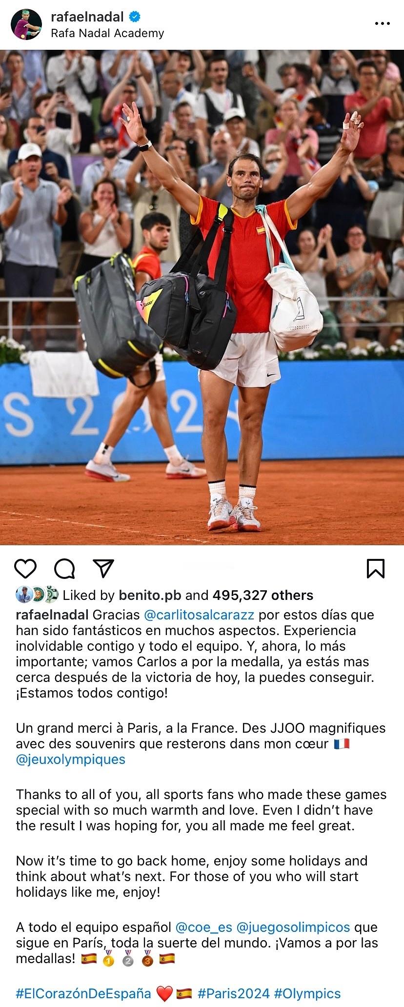 #2024年巴黎奥运会# 纳达尔在社交媒体发布长文向巴黎奥运会告别，他分别用西语