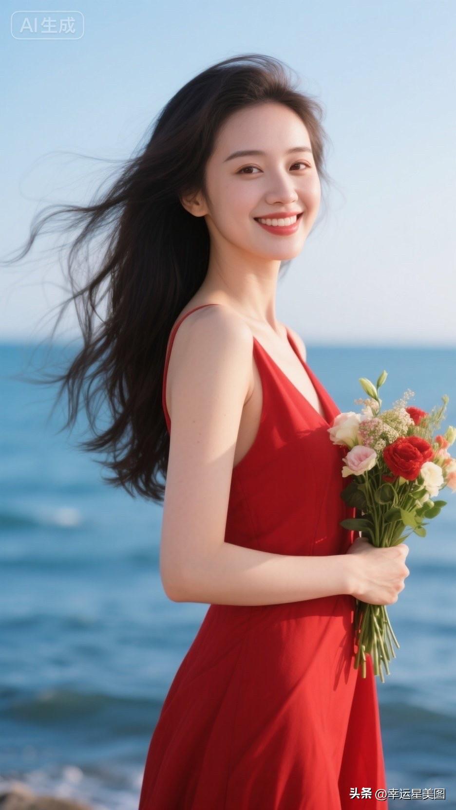 海边漫步，红裙飘逸，手捧鲜花，微笑如花🌸🌊💕