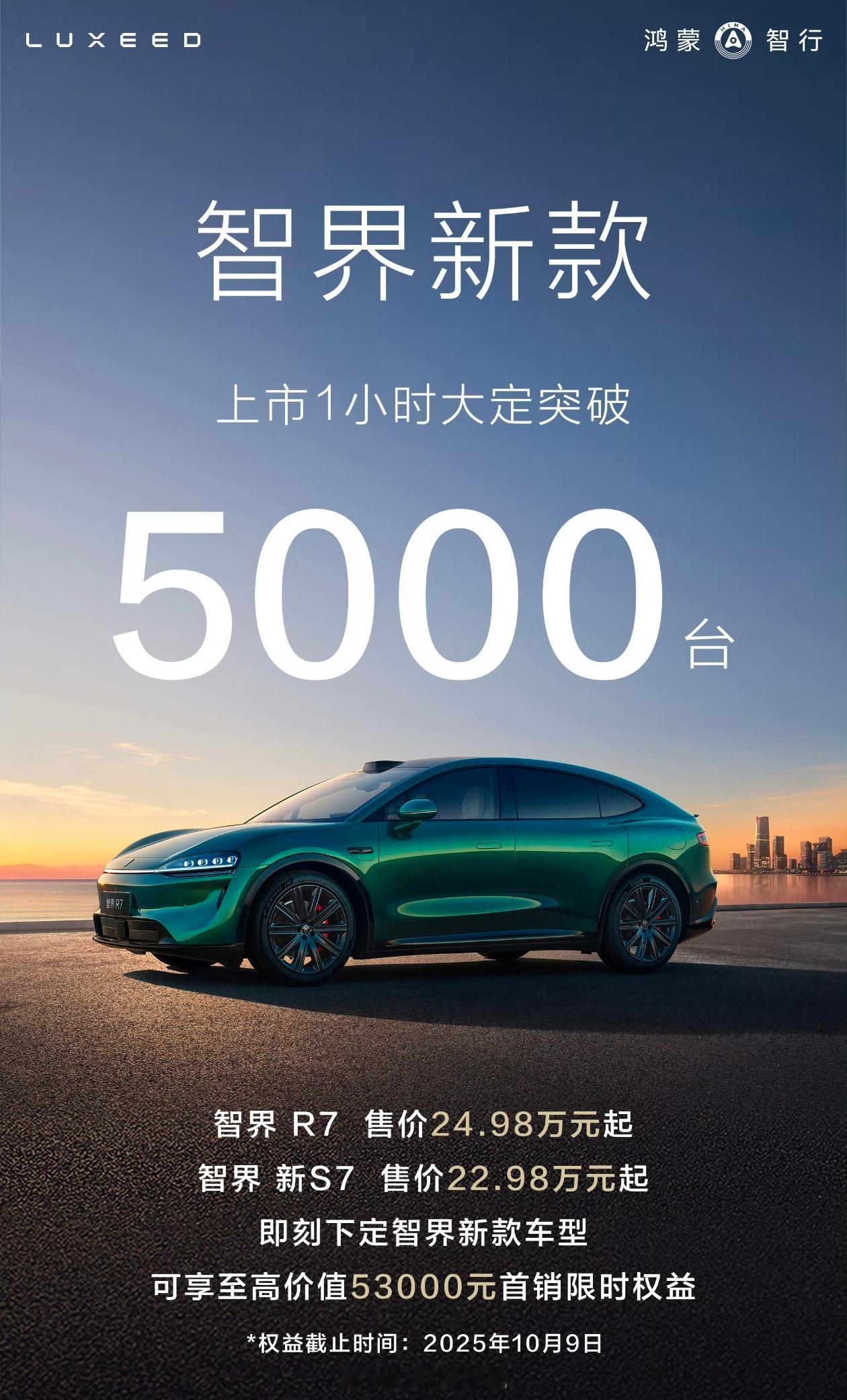 今天鸿蒙智行几款新车订单，怎么样？智界R7和S7：1小时大定5000问界M8纯电