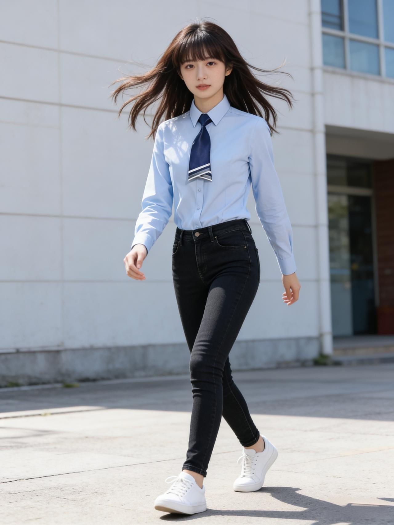 蓝色学院风衬衫，如澄澈晴空般清爽，领口的格纹细节藏着书卷气，袖口的褶皱设计又添几