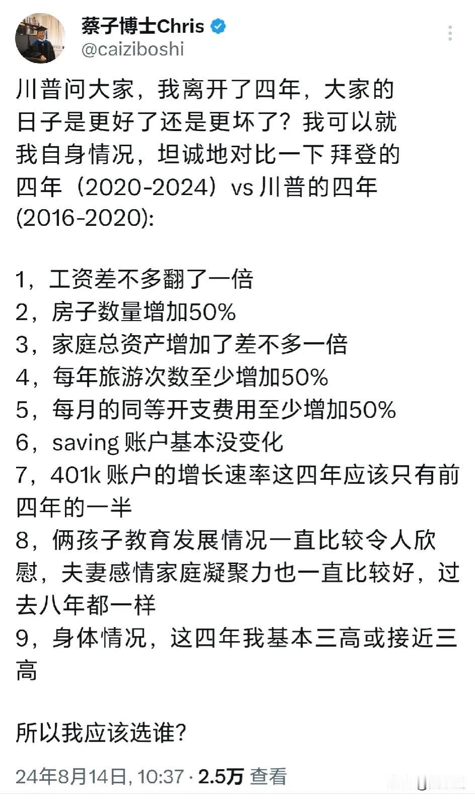 @蔡子博士说美国 
蔡博士分享了他个人家庭
四年来的变化
似乎比特朗普时期好很多