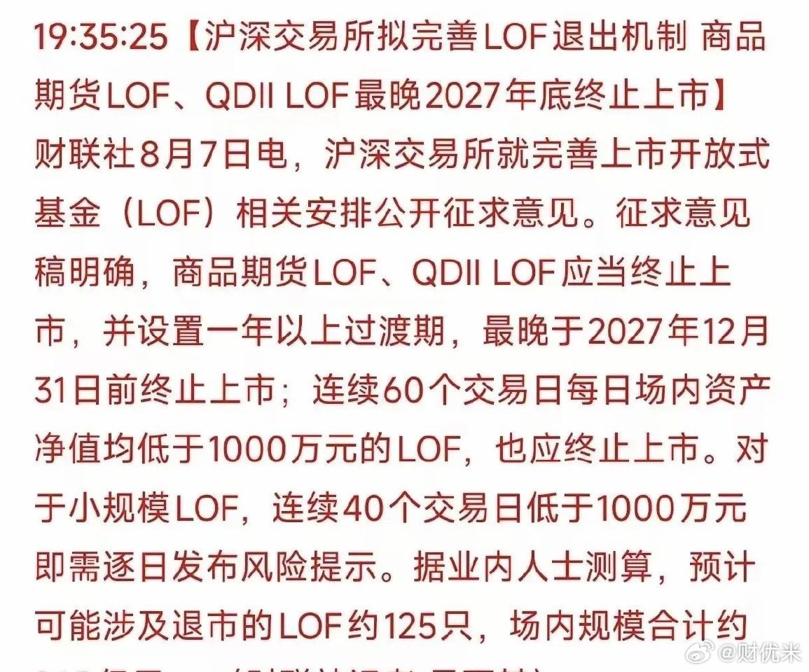 白银LOF即将退市，根据交易所新规，沪深交易所拟完善LOF退出机制，商品期货LO