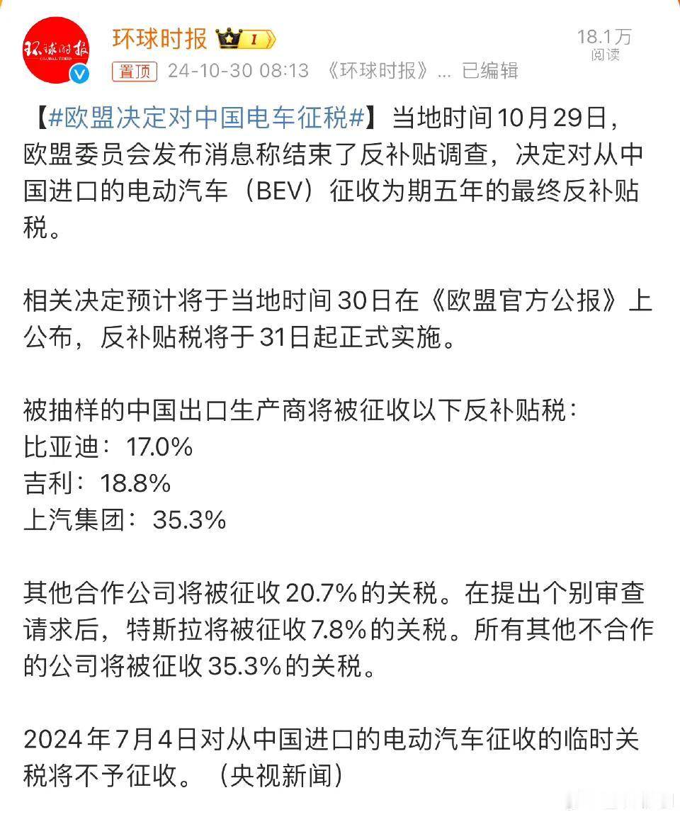 #欧盟决定对中国电车征税#
欧盟对中国的电车征收了不同的税率，比亚迪为17％，吉