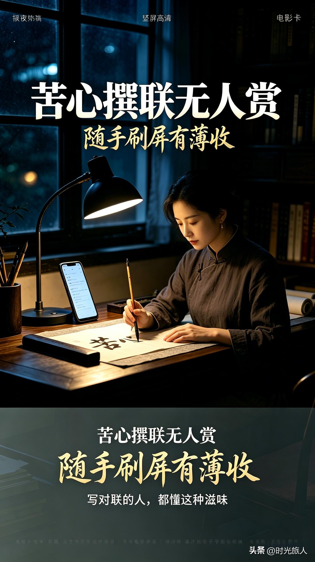 上联：苦心撰联无人赏
下联：随手刷屏有薄收
 
我们普通人太难了，细心琢磨对联没