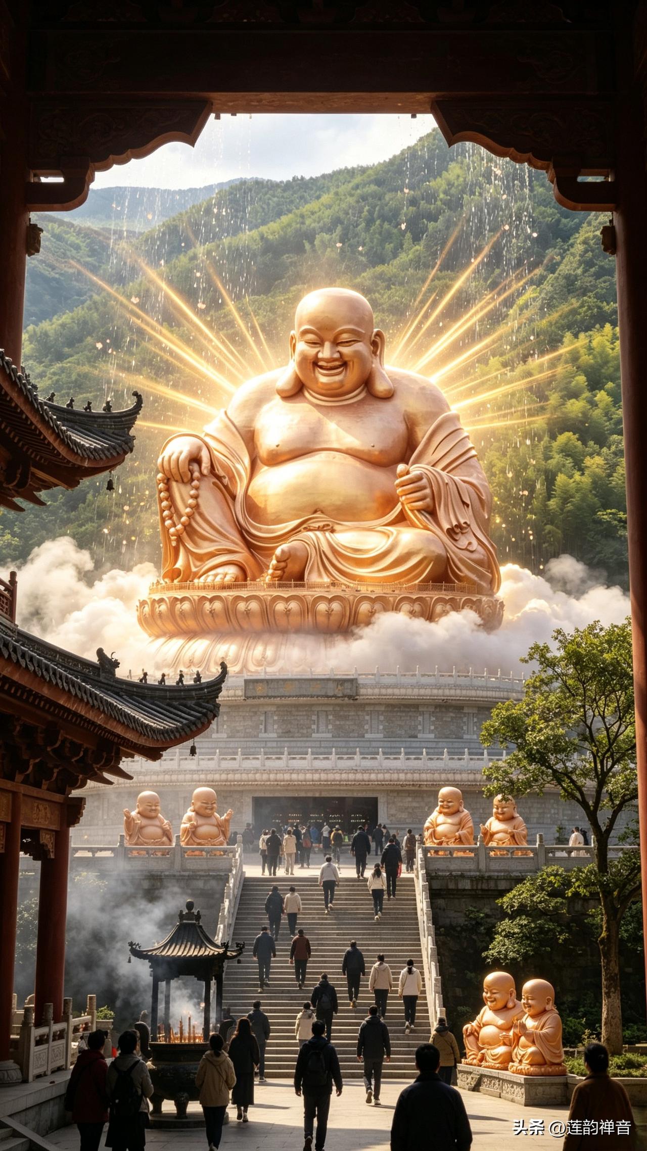 【山水藏禅意，佛光慰浮生】
[福]当目光落在山间这座弥勒大佛之上，云海翻涌，花瓣