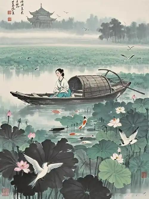 《野塘》
——-唐.韩偓
侵晓乘凉偶独来，
不因鱼跃见萍开。
卷荷忽被微风触，