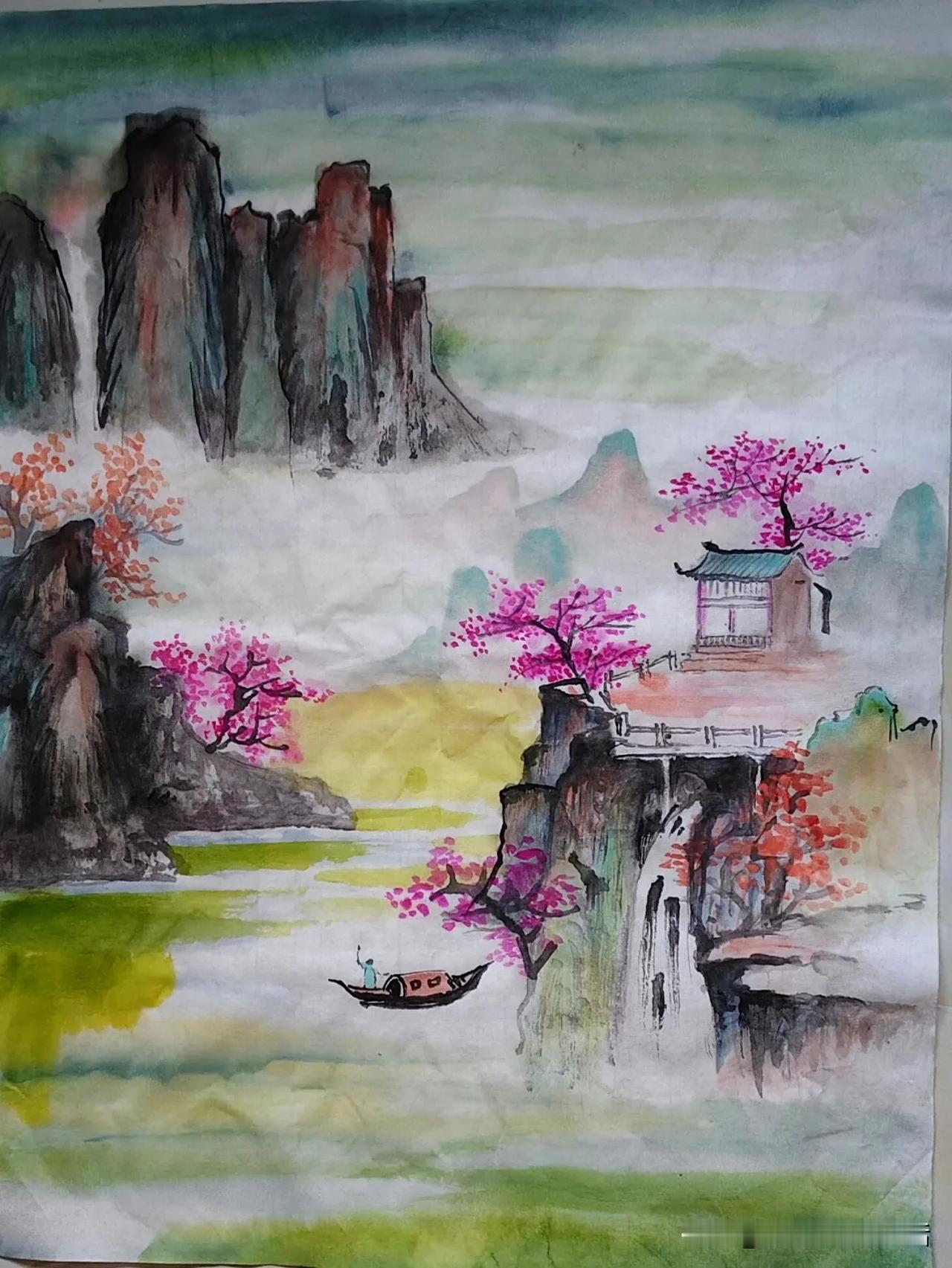 水墨丹青间，舟行入画来。