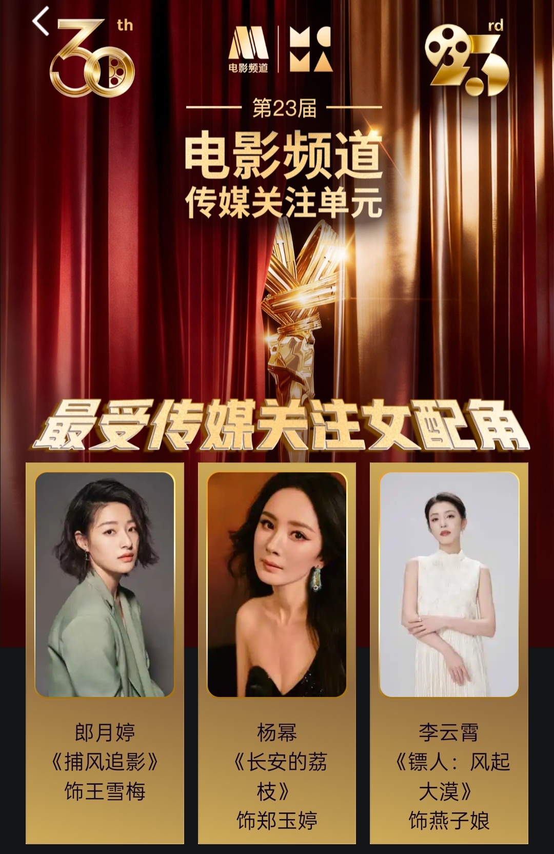 杨幂入围第23届电影频道传媒关注单元最受传媒关注女配角 