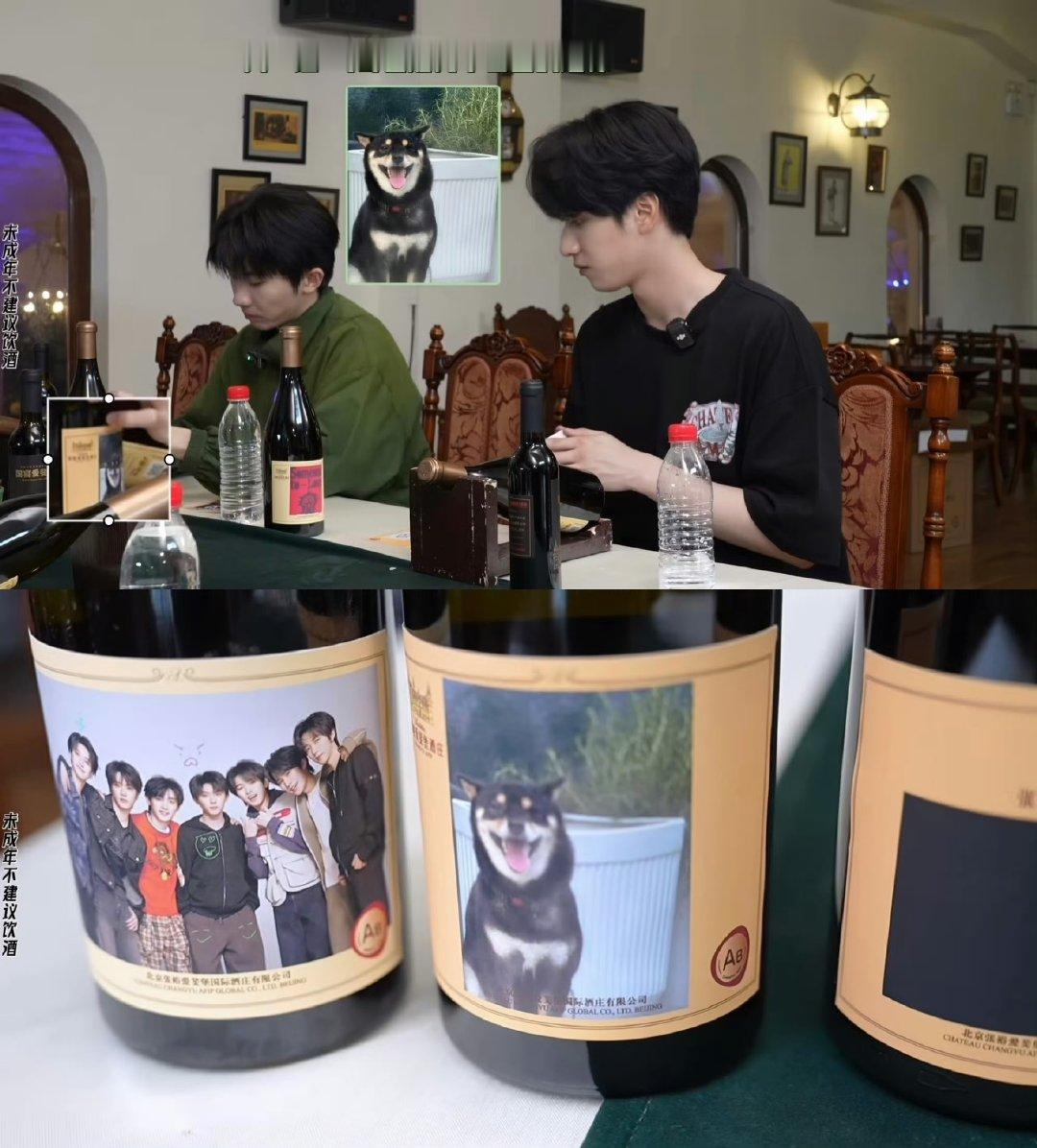 马嘉祺把自己的小狗印在酒瓶上了马嘉祺把六斤印在酒瓶上了 萌萌的 