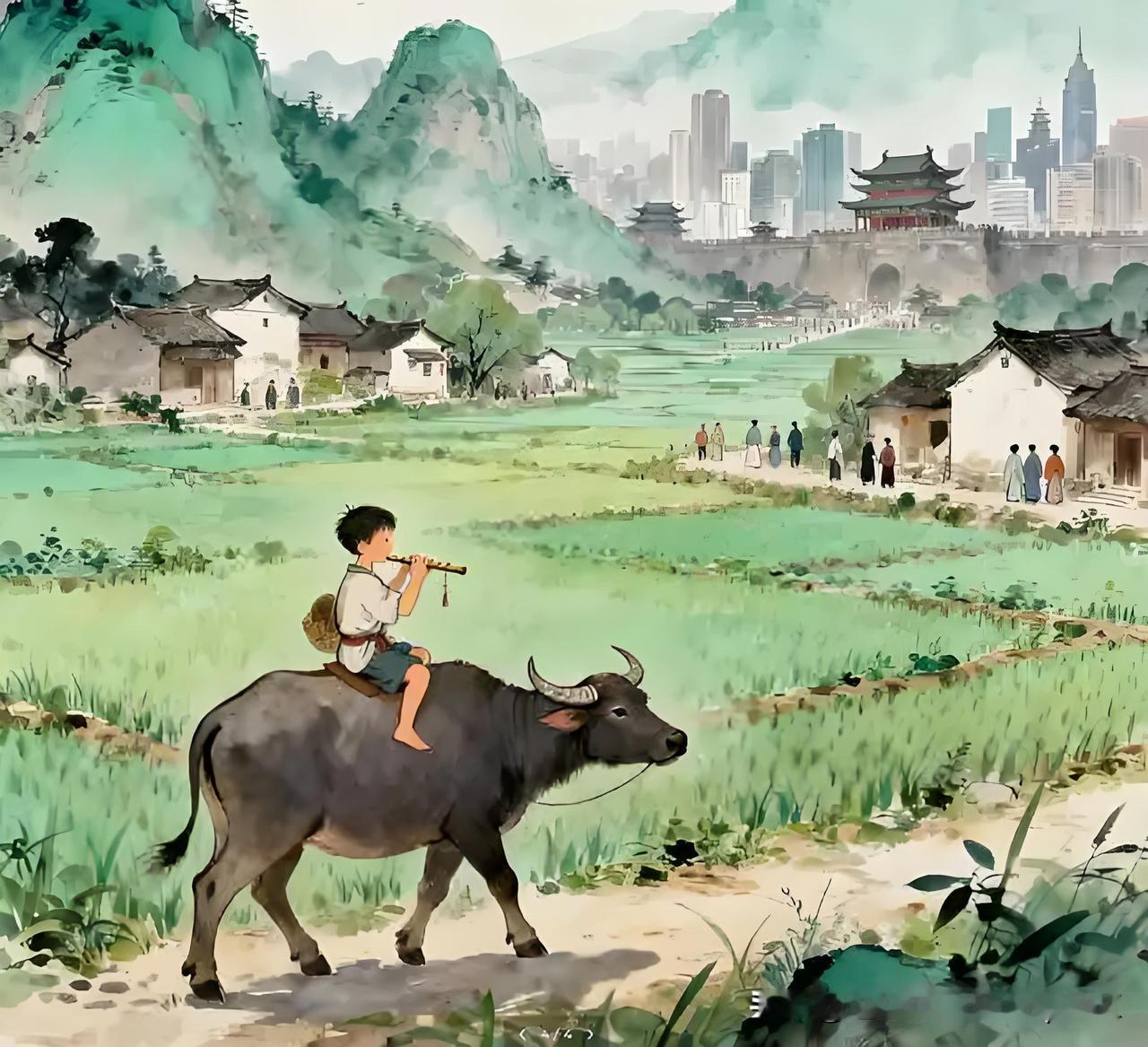 《牧童诗》
——宋·黄庭坚
骑牛远远过前村，
短笛横吹隔陇闻。
多少长安名利客，