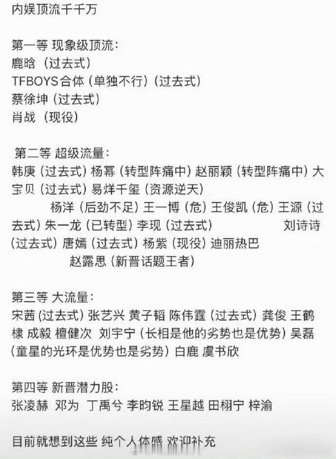 内娱现象级顶流、超级流量、大流量、新晋潜力股盘点🈶，大家认同吗？ 