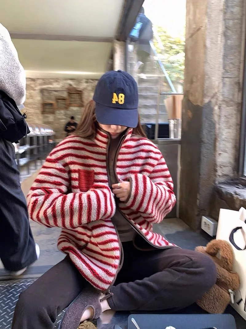 条纹立领摇粒绒外套，韩系感拉满！