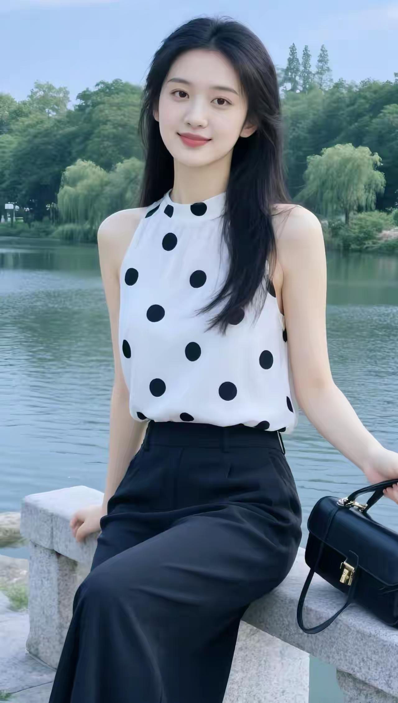 夏日穿搭指南：黑白波点上衣+黑色阔腿裤，优雅又时尚！