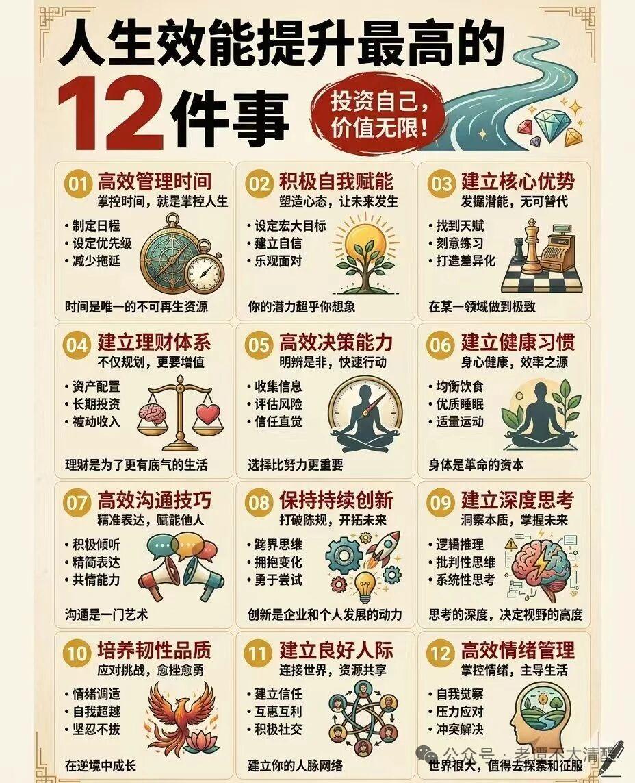 人生效能提升最高的12件事，本质上全是围绕投资自己展开，这是世上唯一稳赚不赔的生