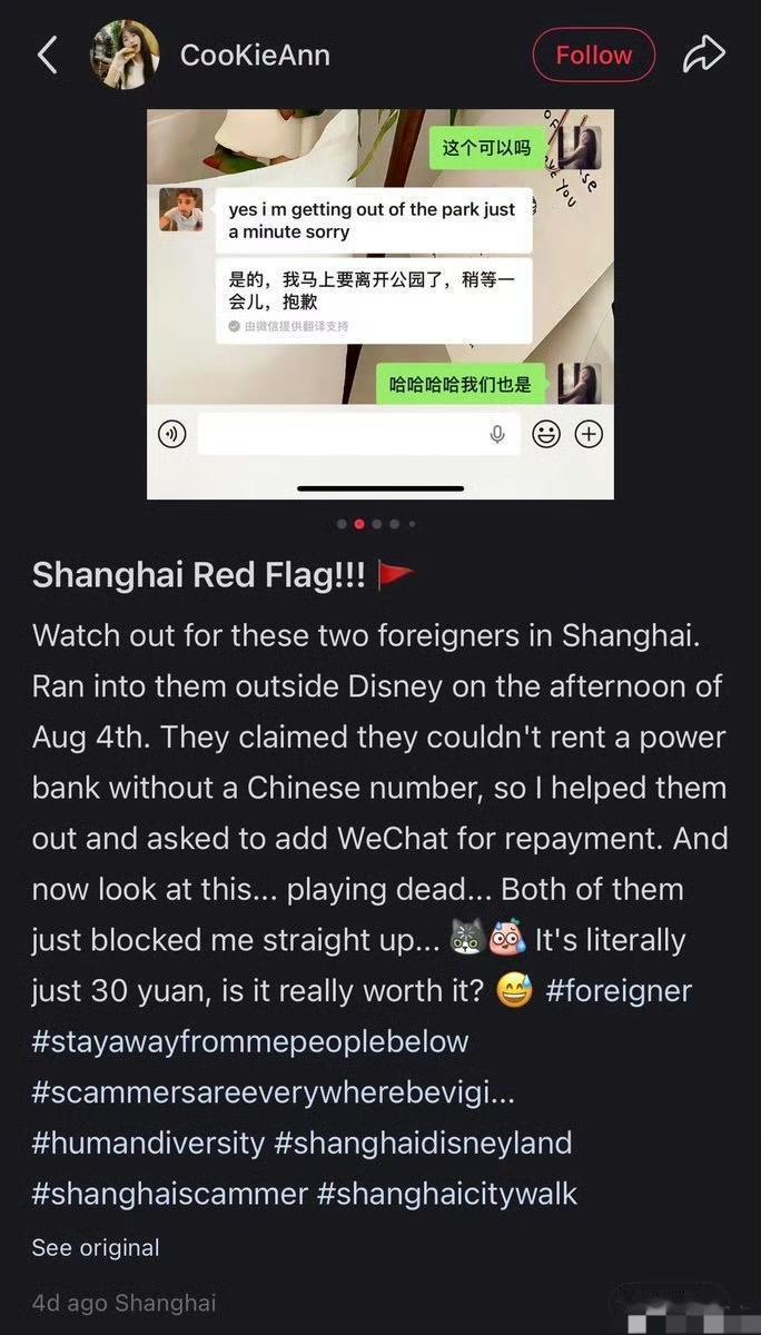 一位小红书上的中国女孩分享说，她帮一对据称是欧洲的情侣租了充电宝。他们声称没有中