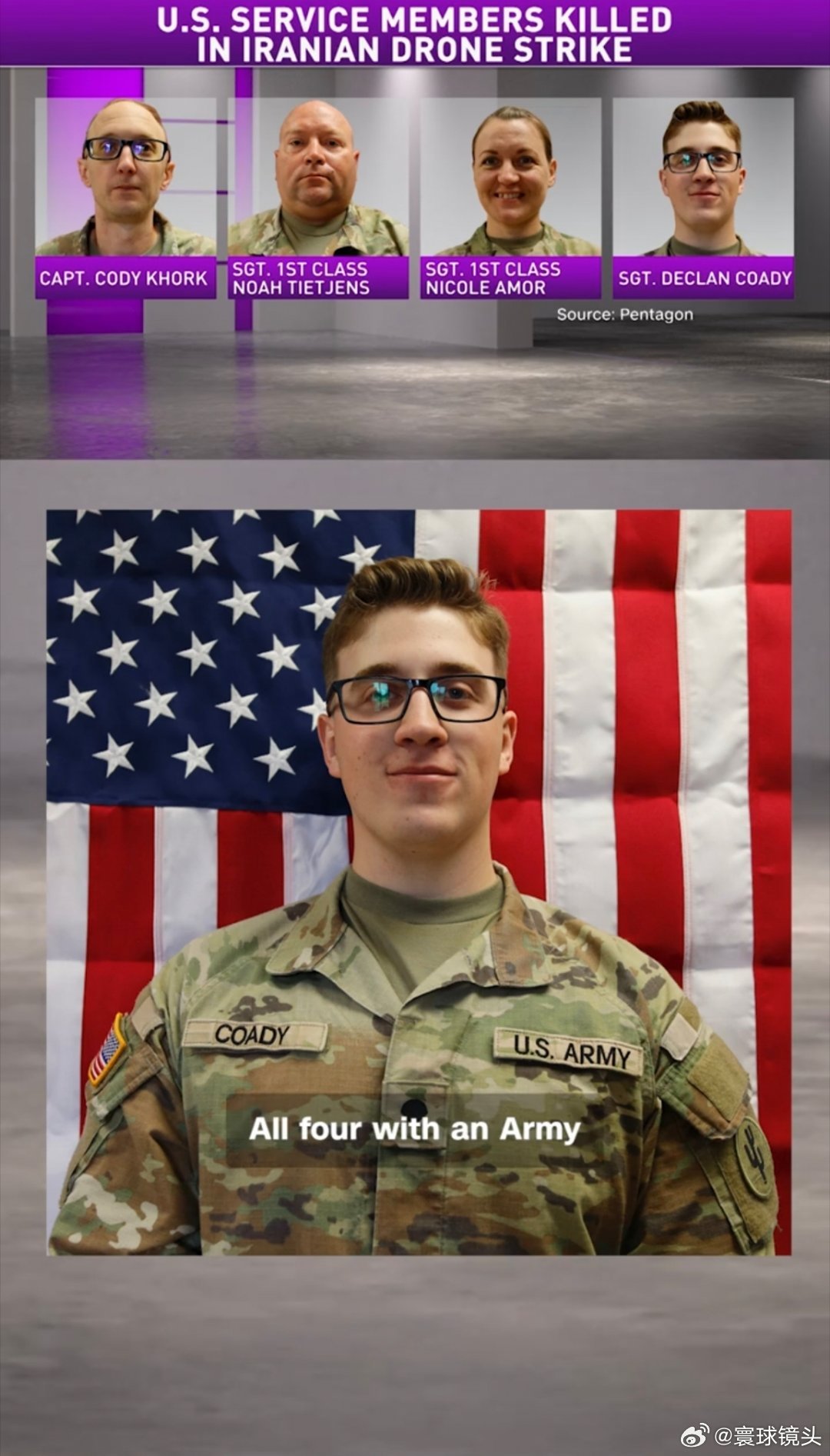 美国防部公布死亡名单五角大楼已确认周日伊朗无人机袭击中阵亡的六名美军人员中四人的