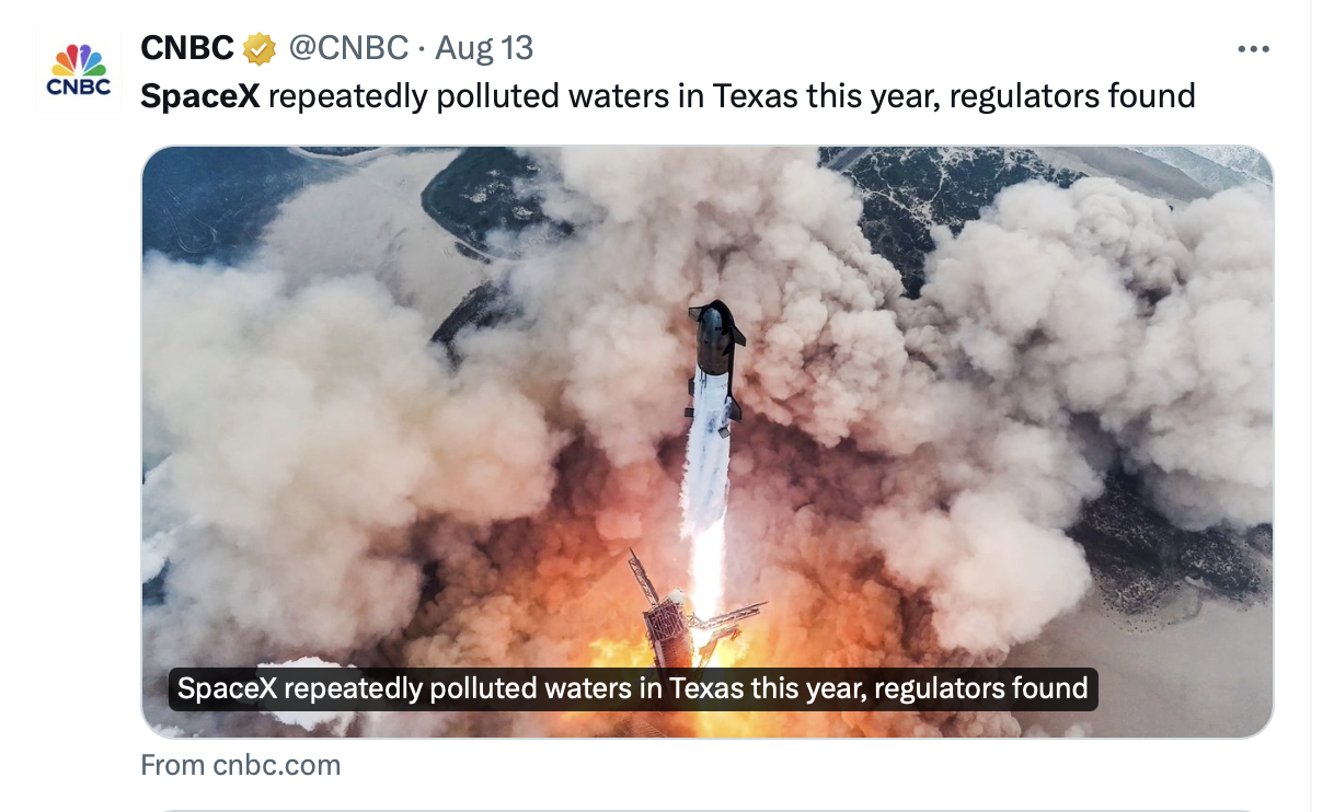 CNBC报道，德克萨斯州环境质量委员会 (TCEQ)上周表示，SpaceX违反了