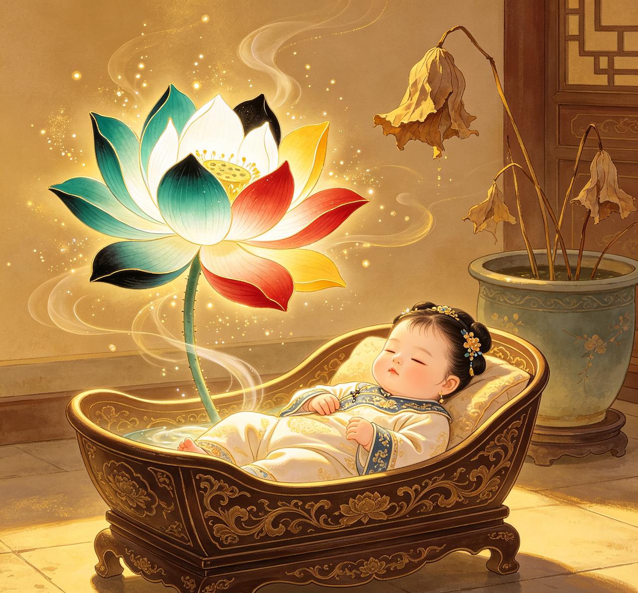 清朝女子凌波出生时有奇异征兆：家中花盆里枯萎的莲花重新绽放，开出五色花瓣，香气四
