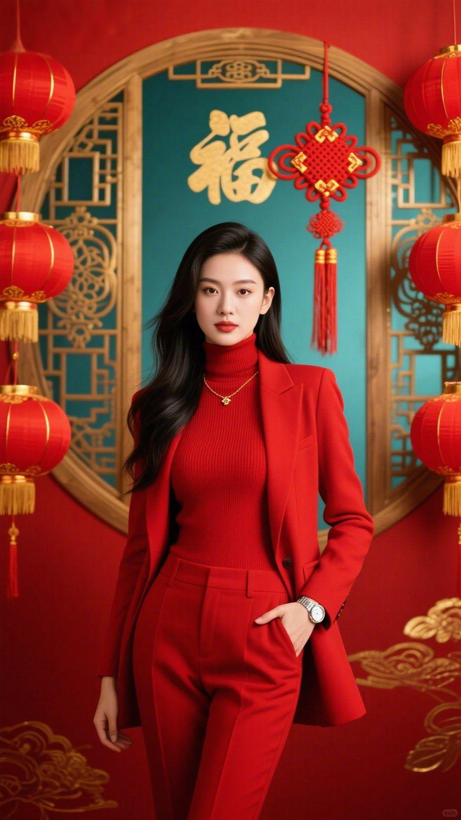 《红韵里的福意轻暖》
 
朱红灯笼裹着金纹福字的光时，她像浸在了年意的温软里。