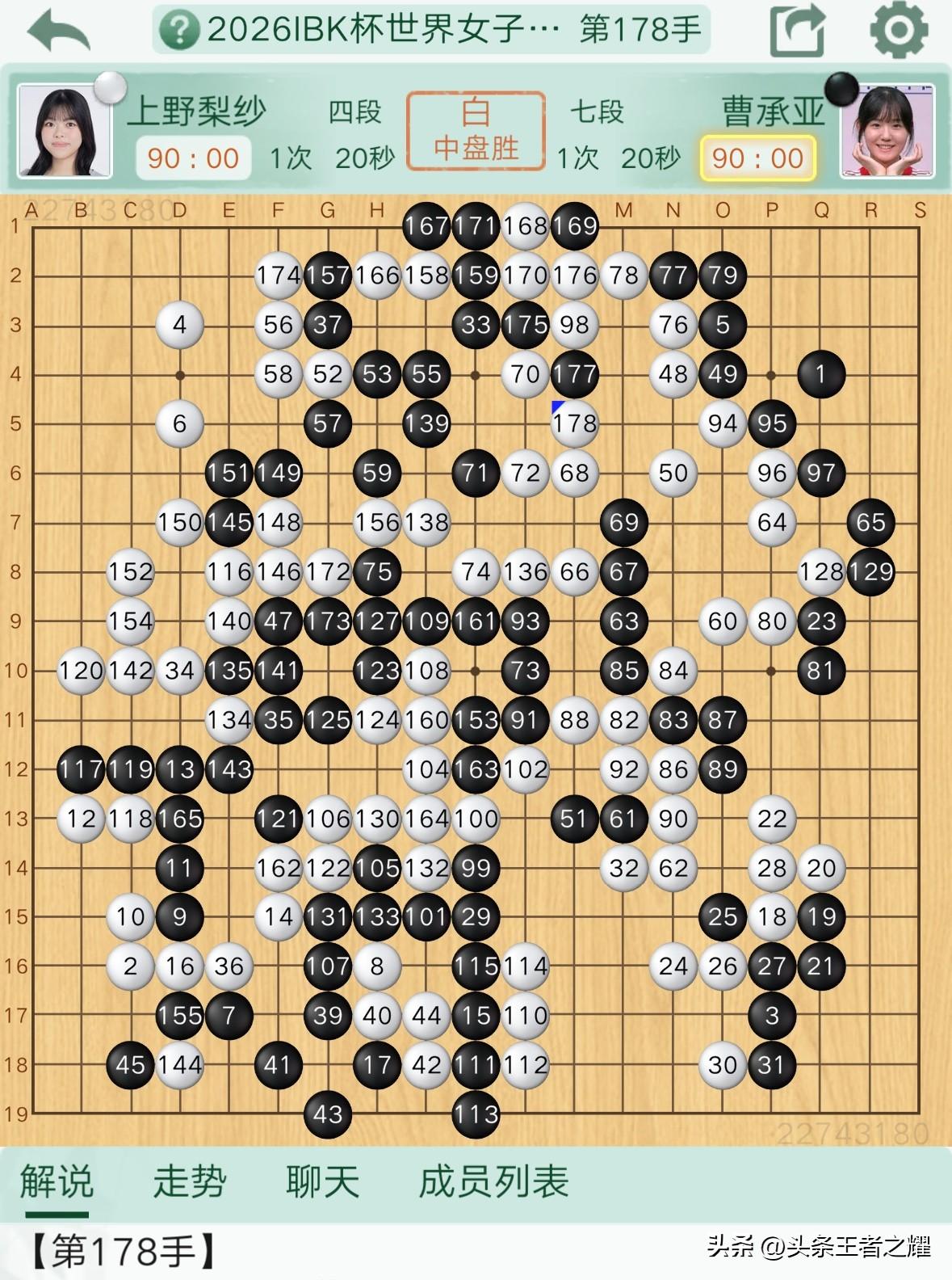 仲邑堇，上野梨纱打入八强。
首届IBK杯世界女子围棋大师赛，今天（10月3日）上