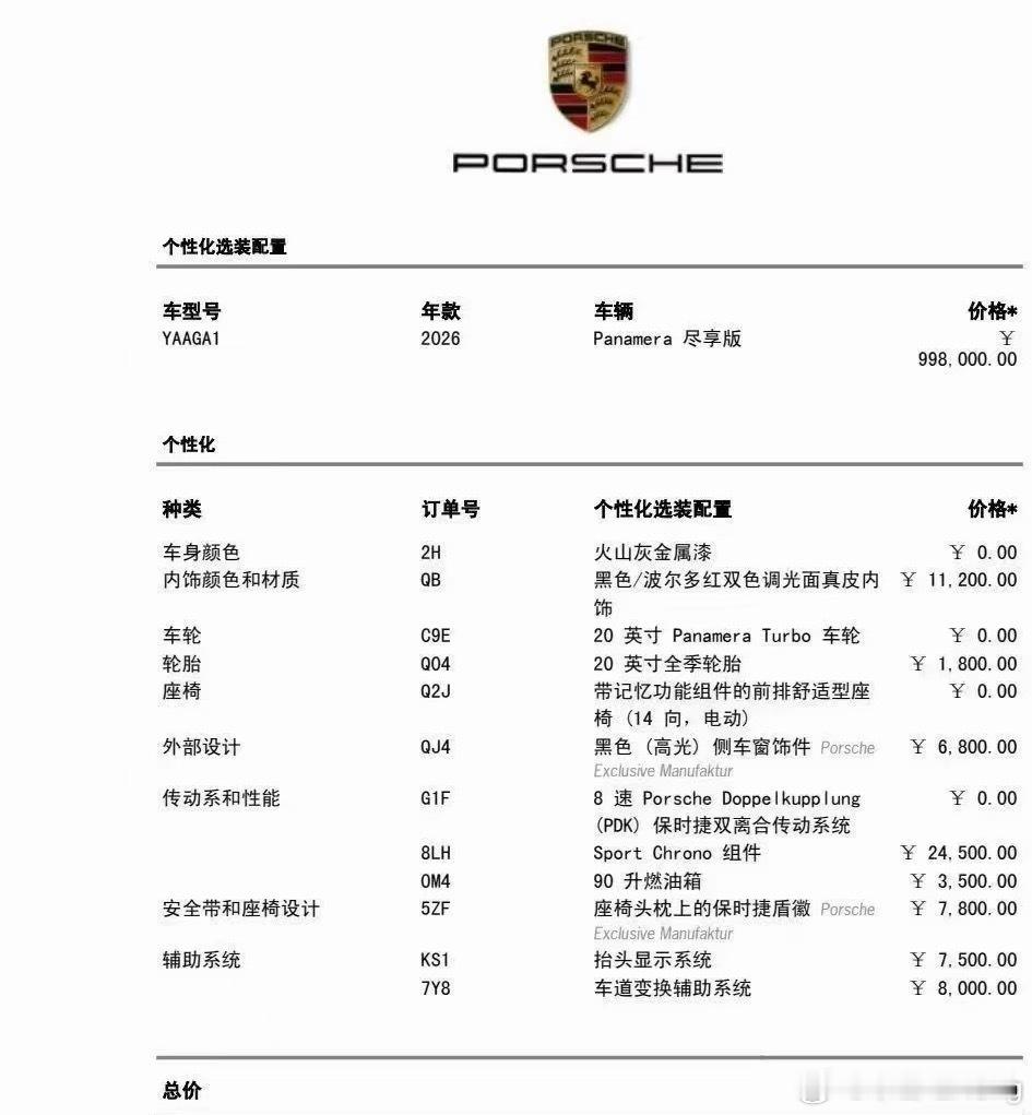 保时捷帕纳梅拉 火山灰 红内饰  26款尽享版配置总价1069100元现在全款裸